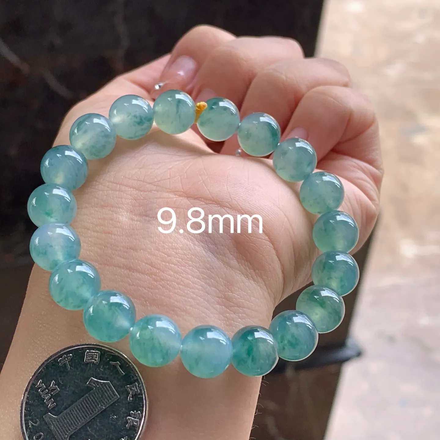 Type A Jadeite Bead Bracelet, Icy Blue Water Flower, 9.8mm