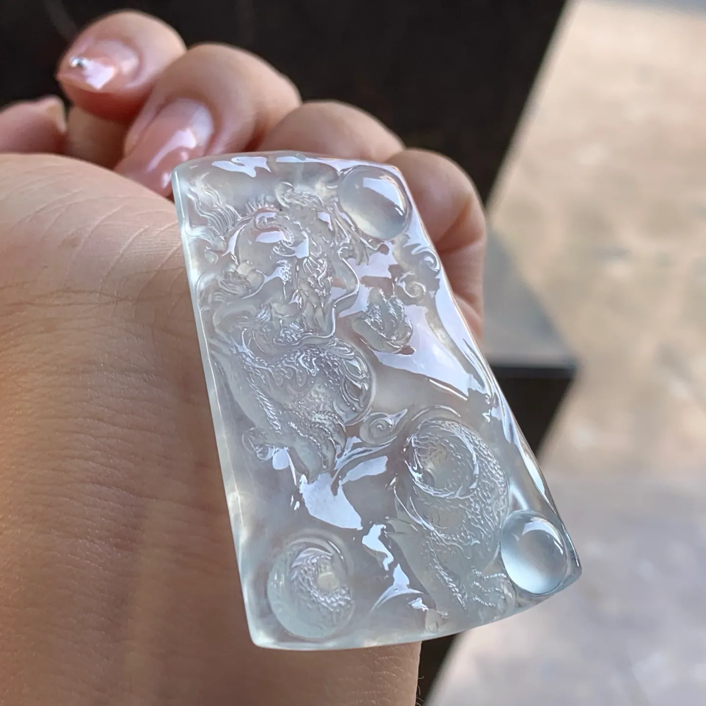 Type A Jadeite Dragon Plaque Pendant, Icy Clear, 57mm (5)