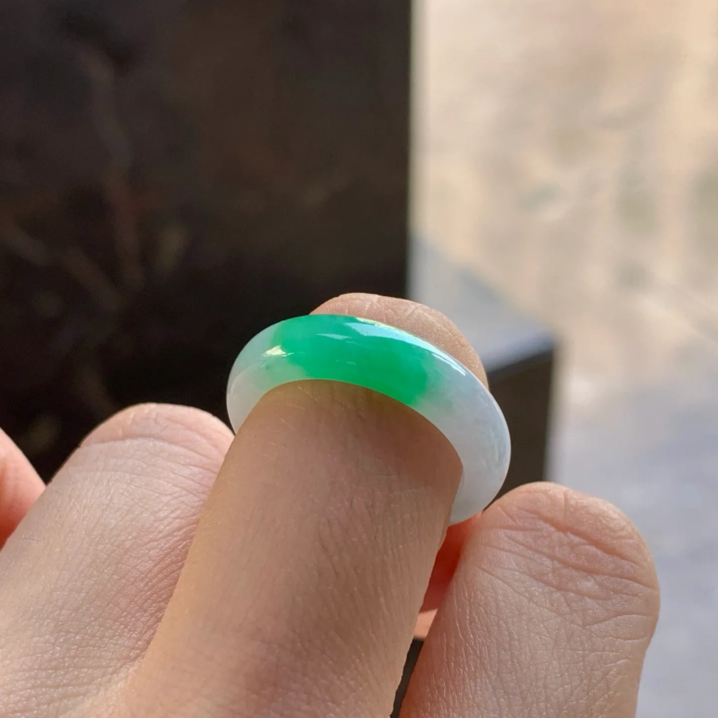 Type A Jadeite Band Ring, White with Bright Green, 17.2mm (6)