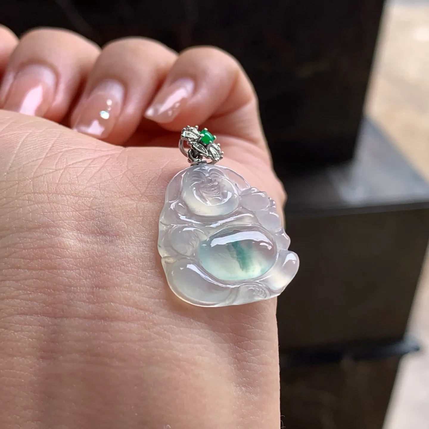 Type A Jadeite Buddha Pendant, Icy Blue Flower, 18K Bail (5)