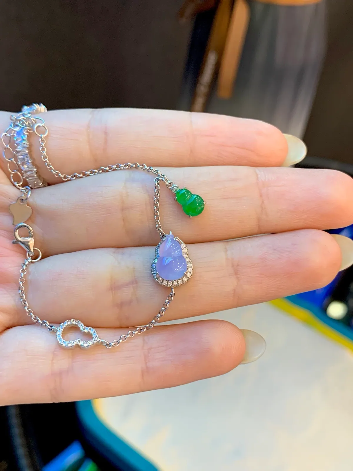 Type A Jadeite Gourd Bracelet, High Icy Lavender, 925 Silver (5)