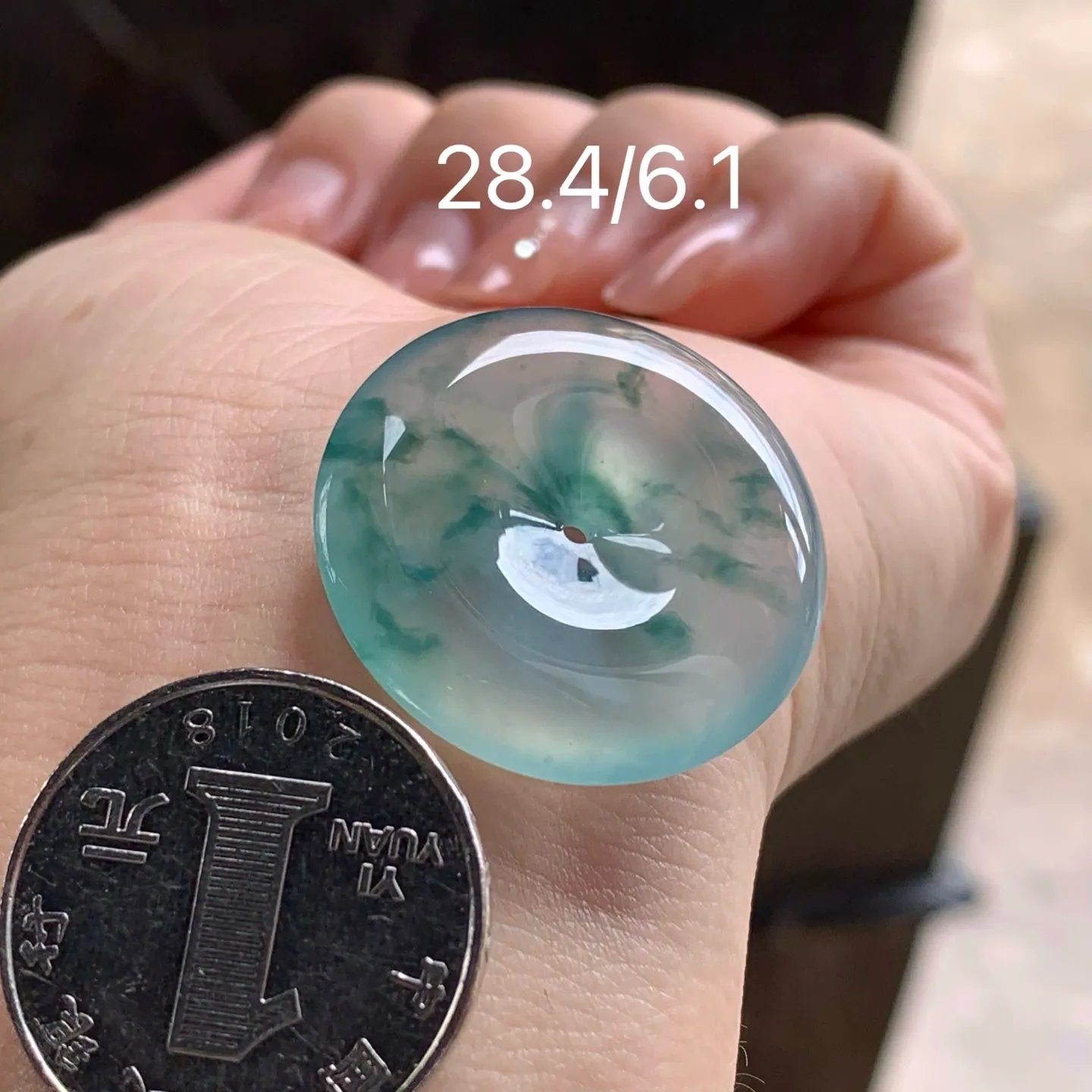 Type A Jadeite Donut Pendant, Icy Green Flower, 28.4mm (7)