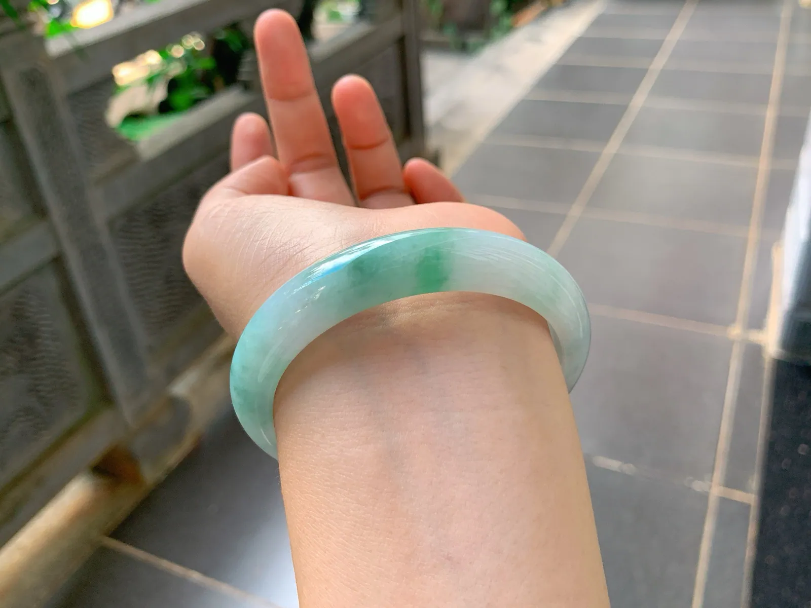 Type A Jadeite Ping'an Bangle, Green Floating Color, 57mm (7)