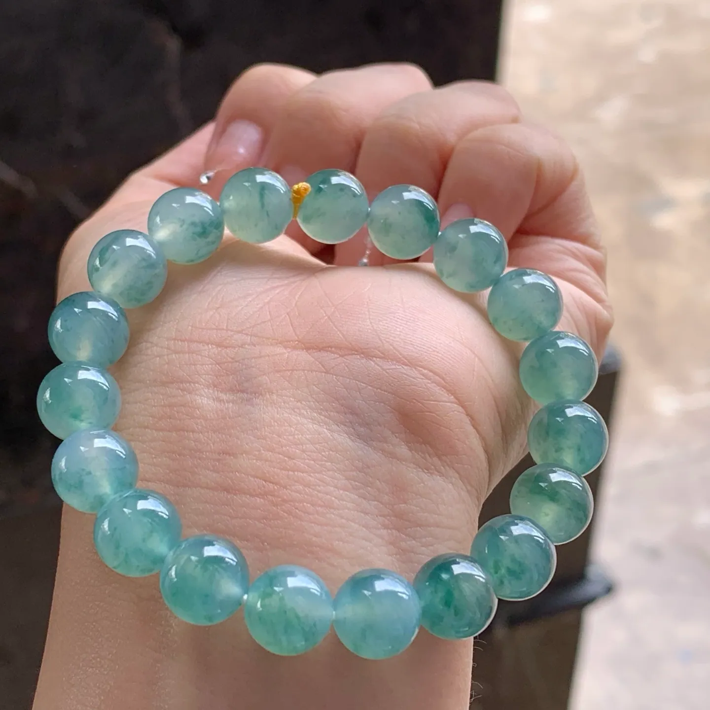 Type A Jadeite Bead Bracelet, Icy Blue Water Flower, 9.8mm (4)
