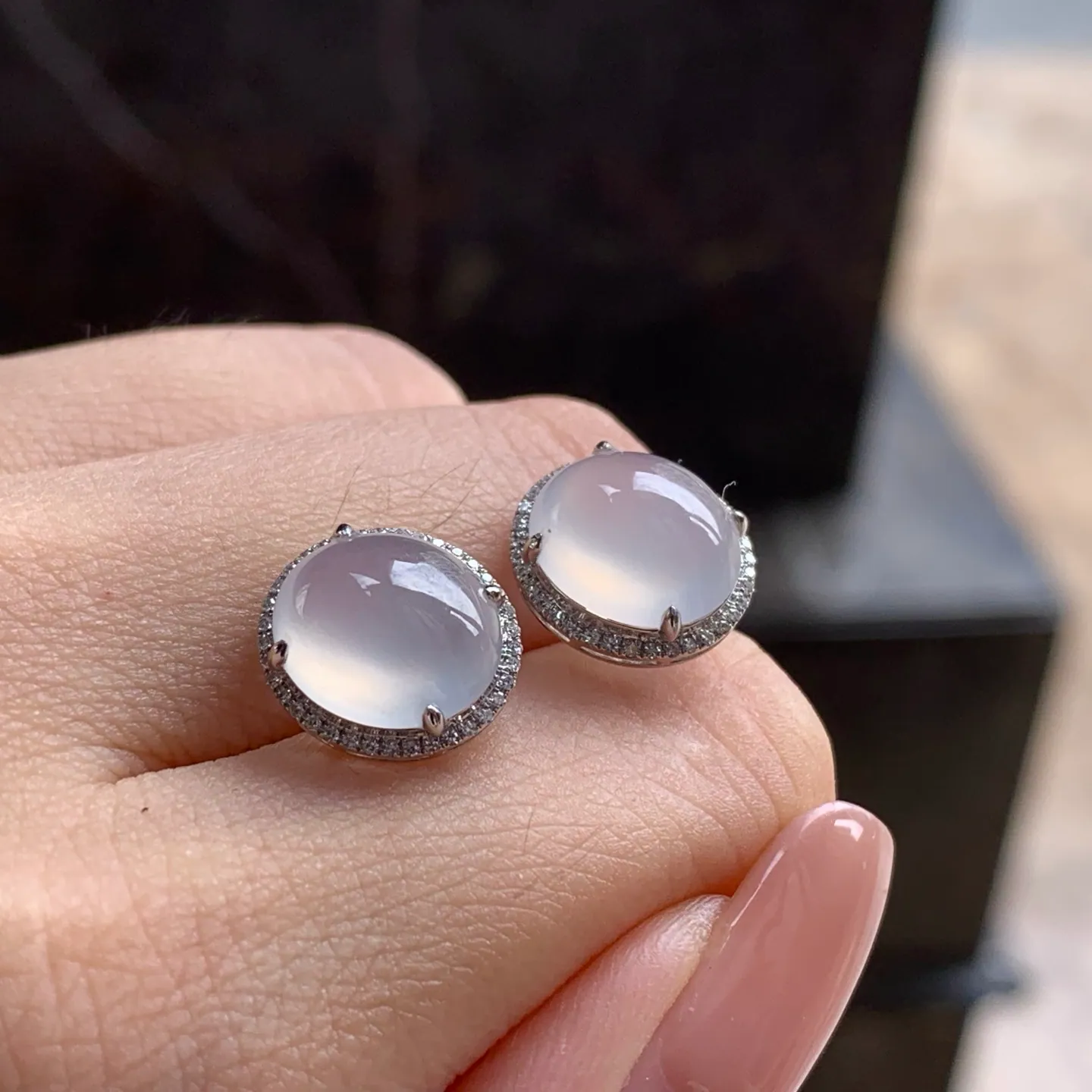 Type A Jadeite Stud Earrings, Icy Clear Cabochon, Gold Set (4)