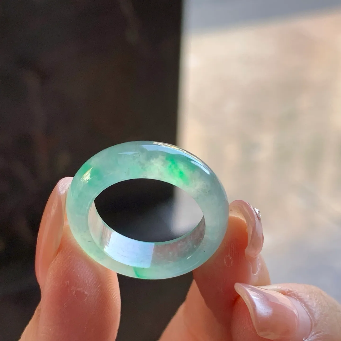 Type A Jadeite Band Ring, Icy Green Flower, 17.7mm (3)