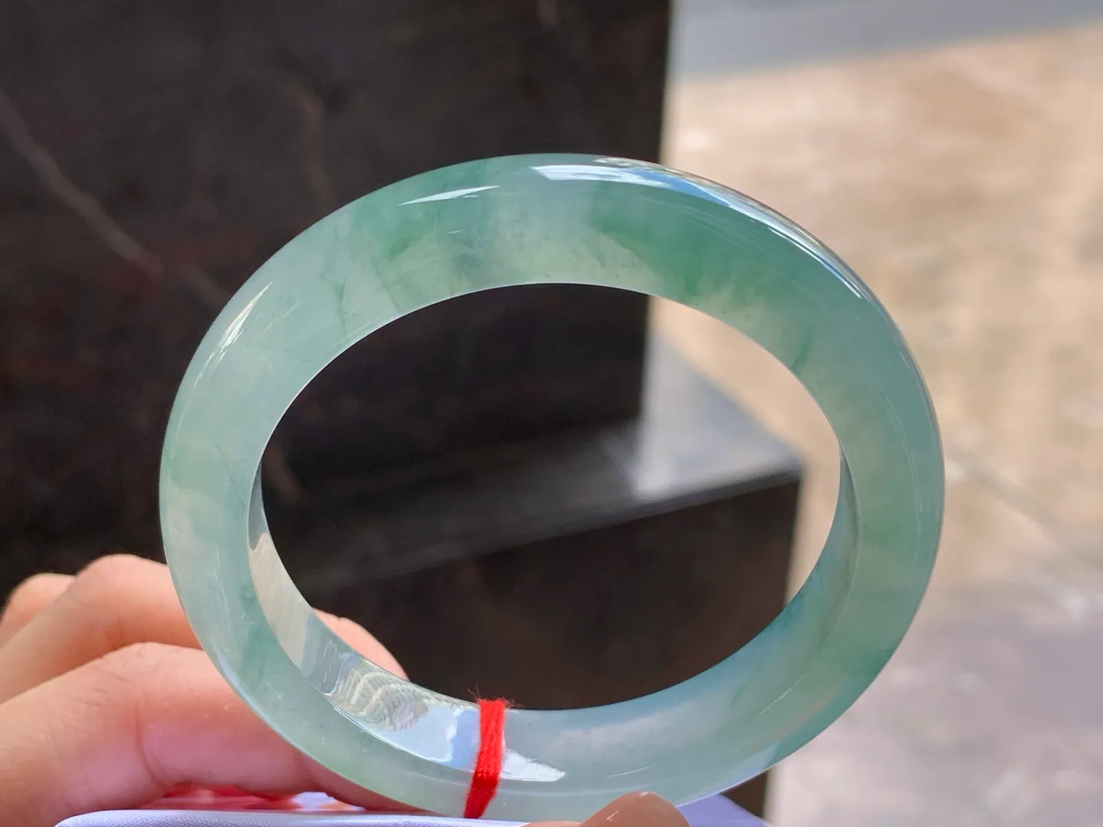 Type A Jadeite Flat Bangle, Icy Blue Flower, 56mm