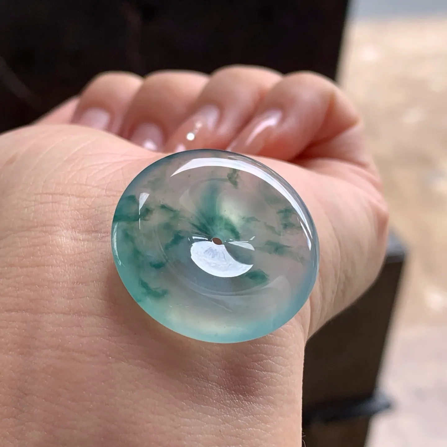 Type A Jadeite Donut Pendant, Icy Green Flower, 28.4mm (3)