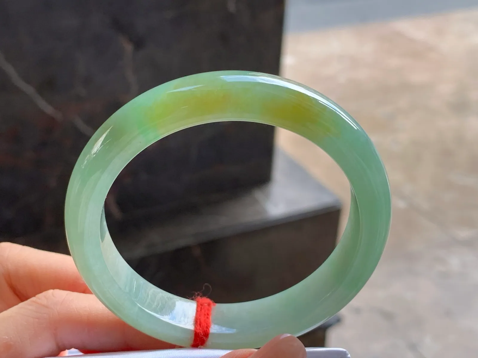 Type A Jadeite Flat Bangle, Yellow and Green, 58mm (2)