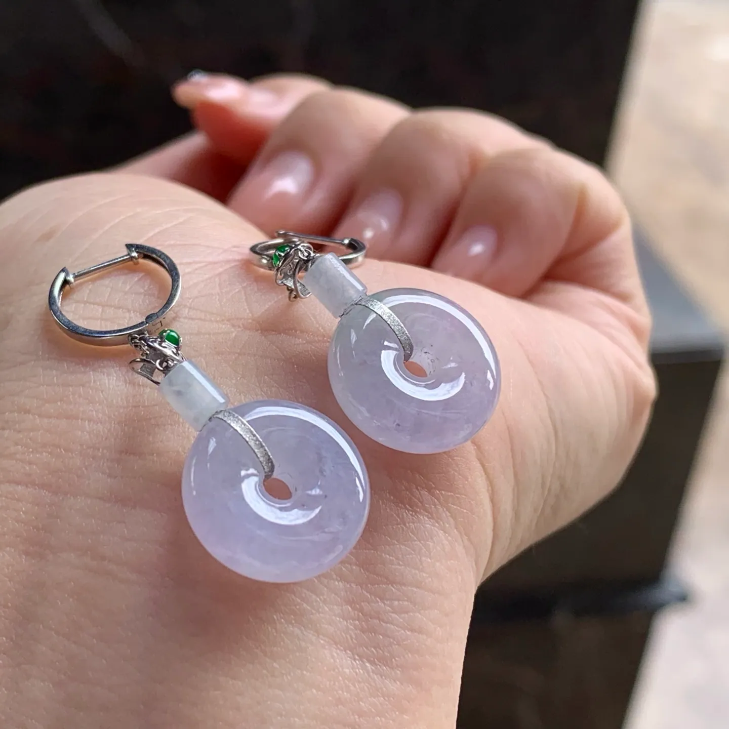 Type A Jadeite Safety Coin Drop Earrings, Pale Lavender