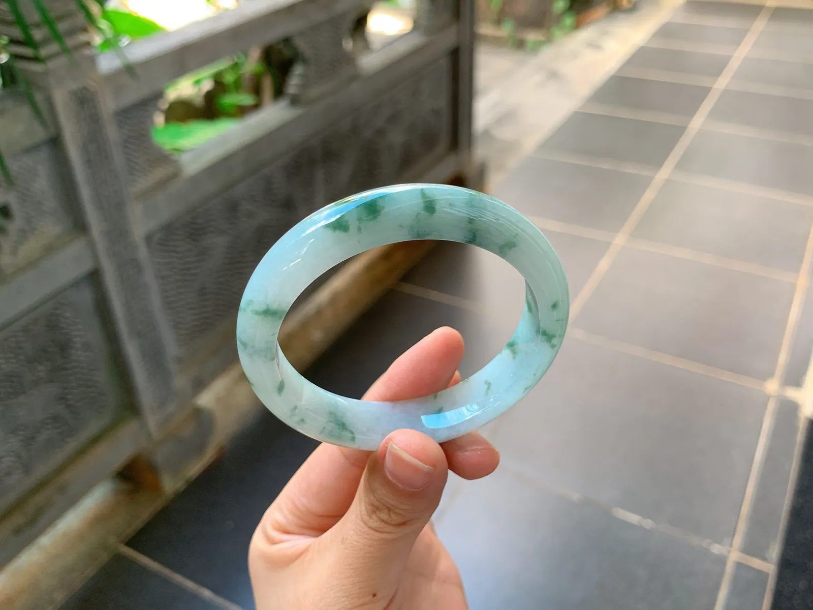 Type A Jadeite Ping'an Bangle, Blue with Green Flower, 56mm (4)