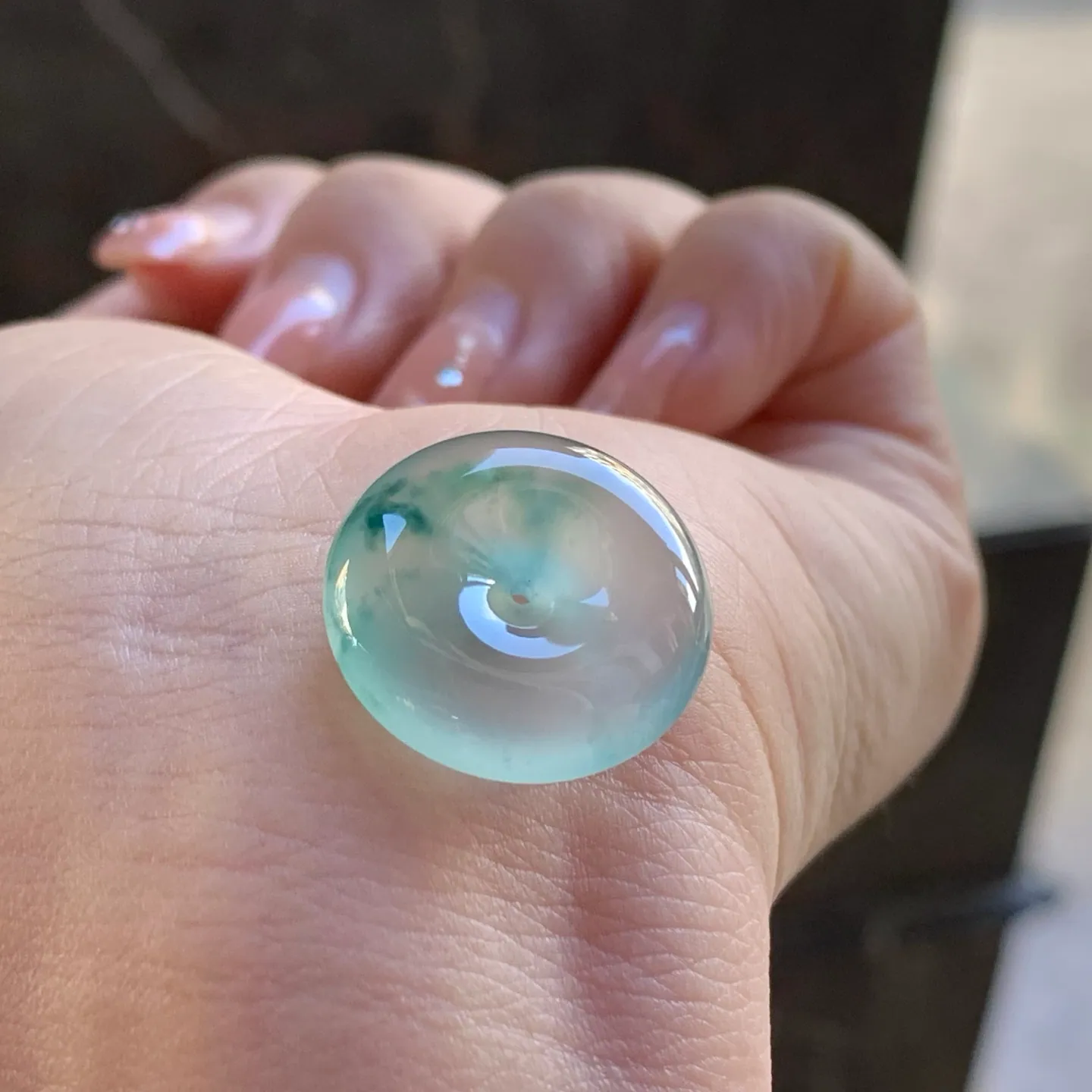 Type A Jadeite Safety Coin Pendant, Icy Blue Flower, 19.8mm (4)