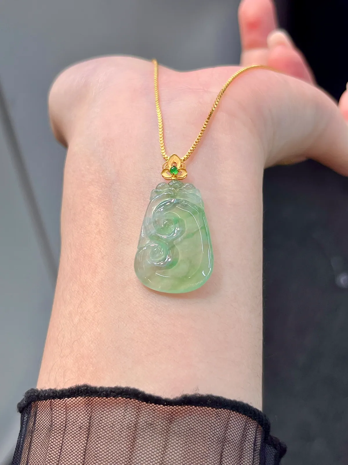 Type A Jadeite Ruyi Pendant, Icy Light Green, 18K Gold Bail