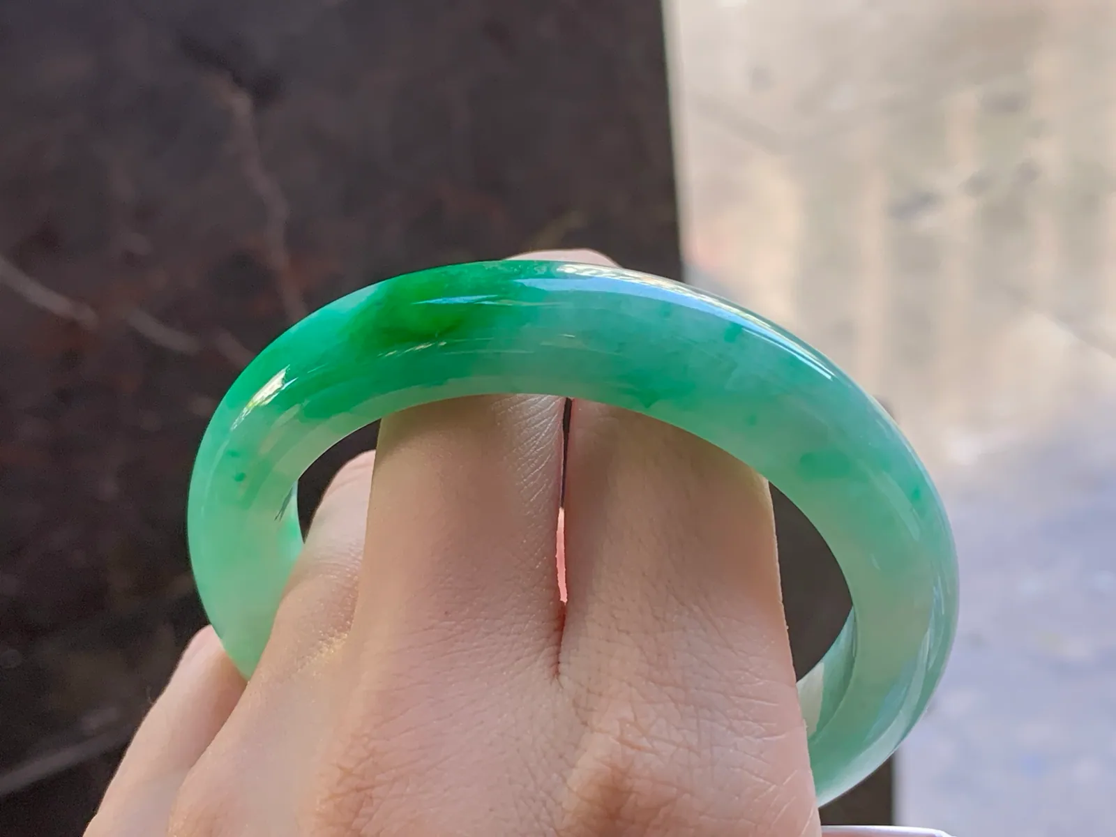 Type A Jadeite Flat Bangle, Green Patches, 57.6mm (9)