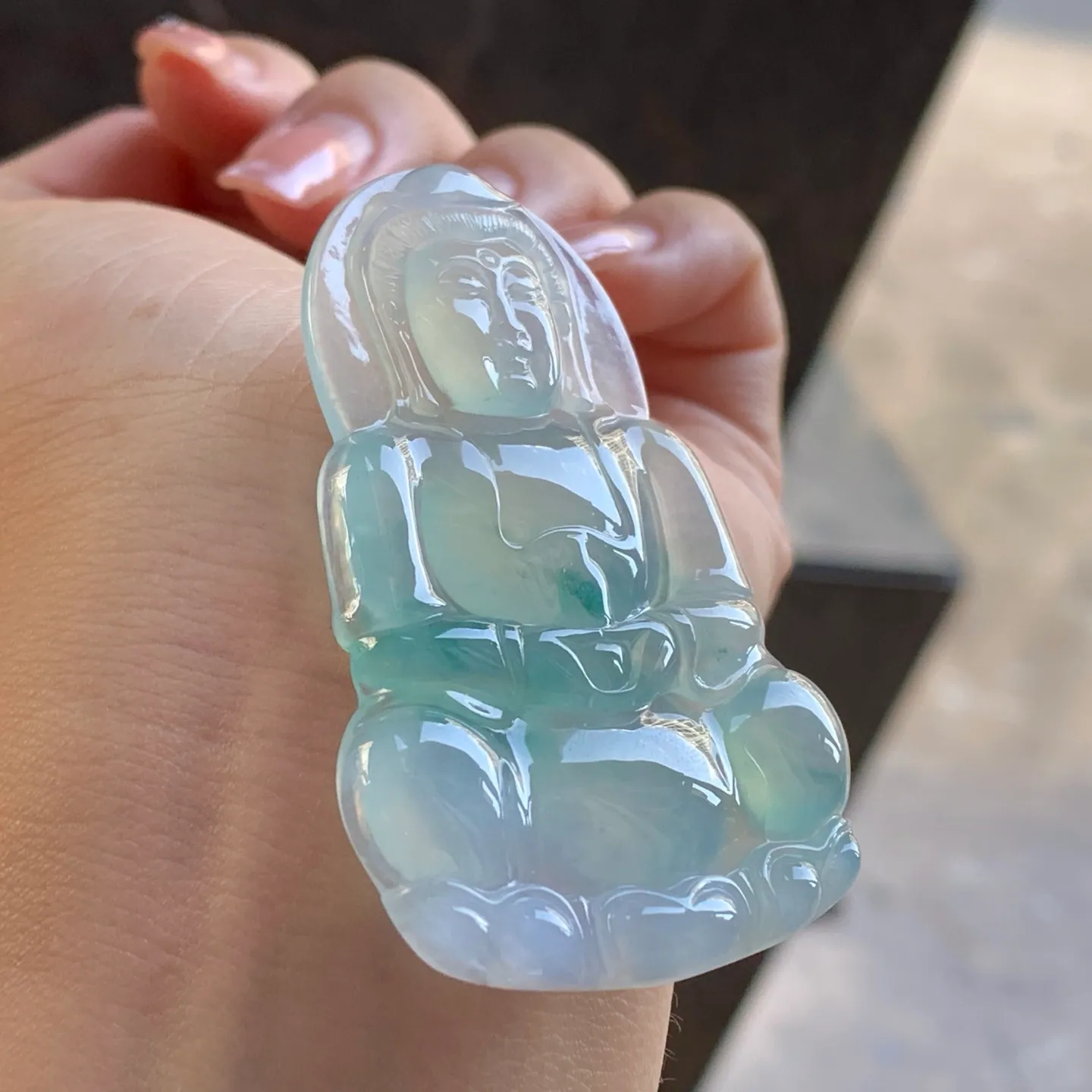 Type A Jadeite Guanyin Pendant, Icy Blue-Green, Lotus, 61mm (5)