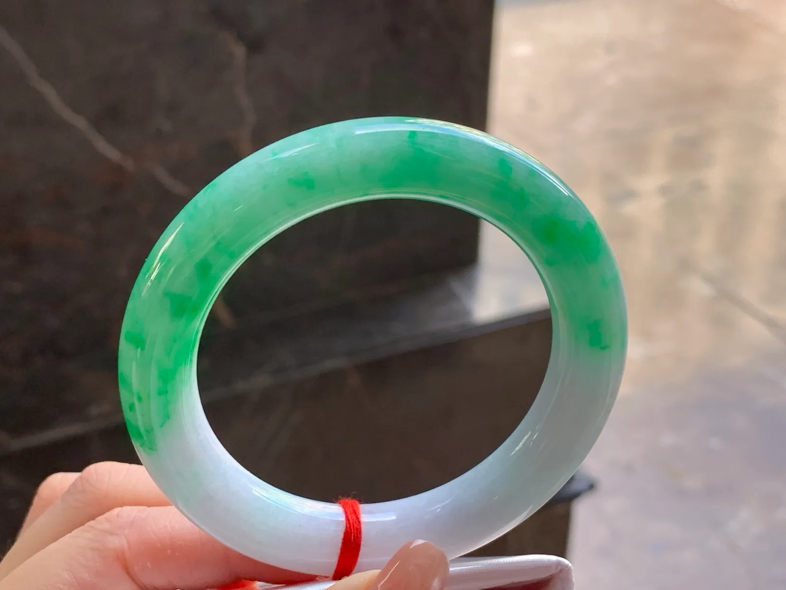 Natural Type A Jadeite Round Bangle, Green on White, 56.2mm