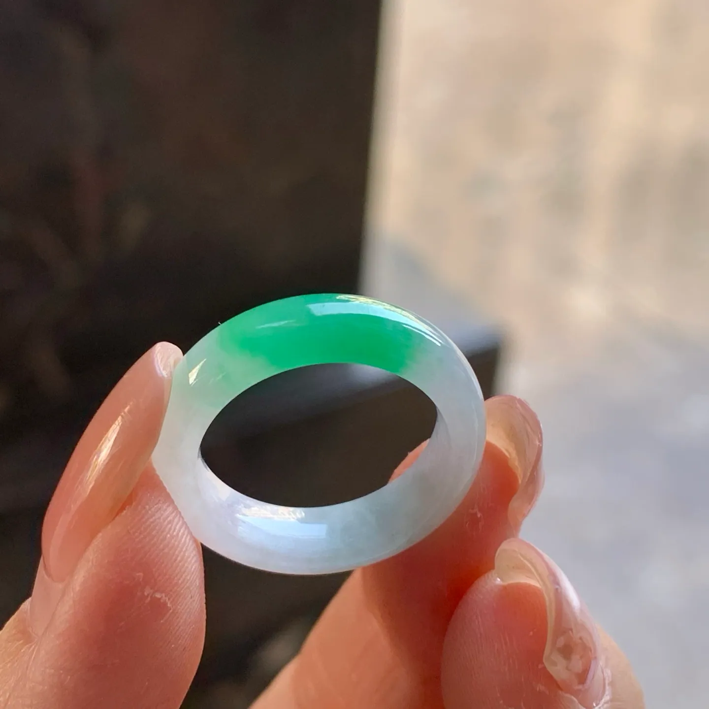 Type A Jadeite Band Ring, White with Bright Green, 17.2mm