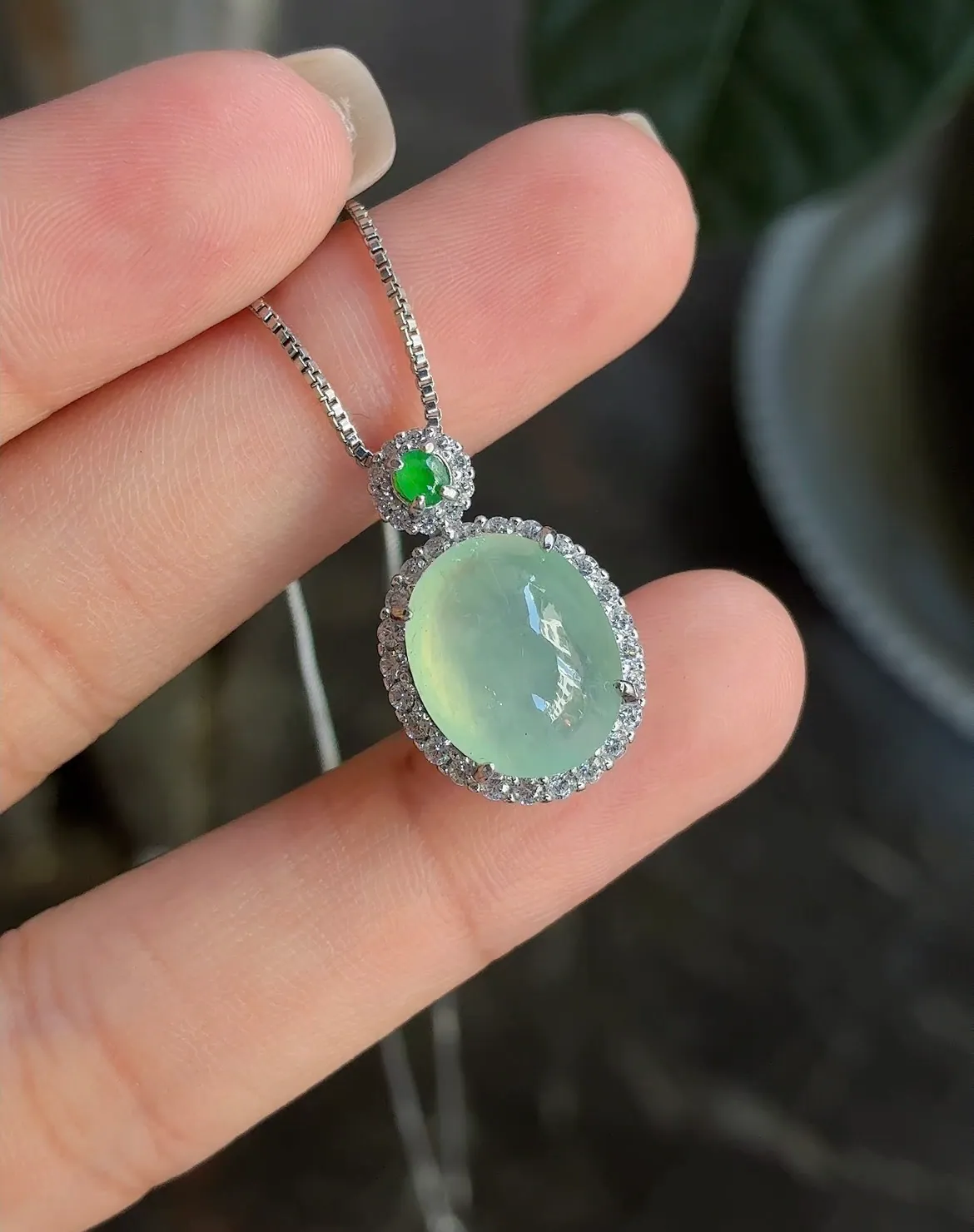 Type A Jadeite Cabochon Pendant, Icy Light Green, 925 Silver (3)