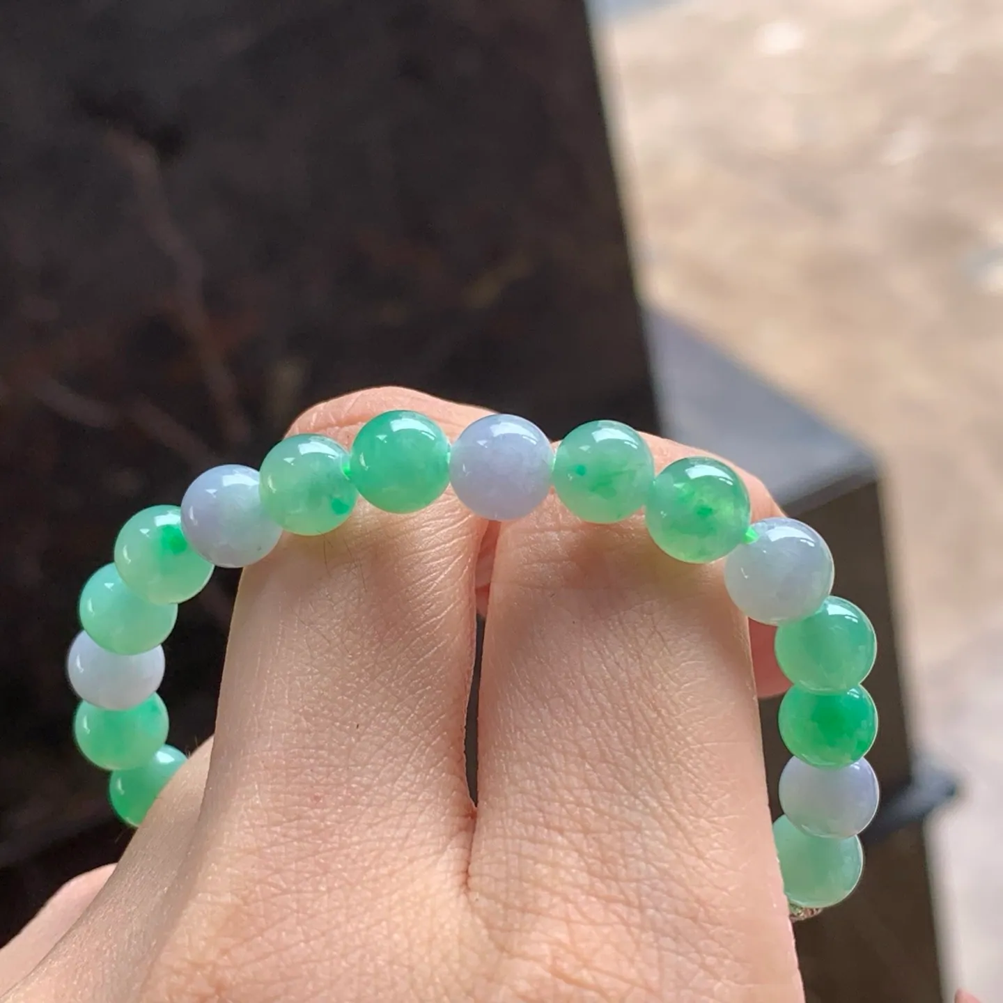 Type A Jadeite Bead Bracelet, Green & Lavender, 7.1mm (7)