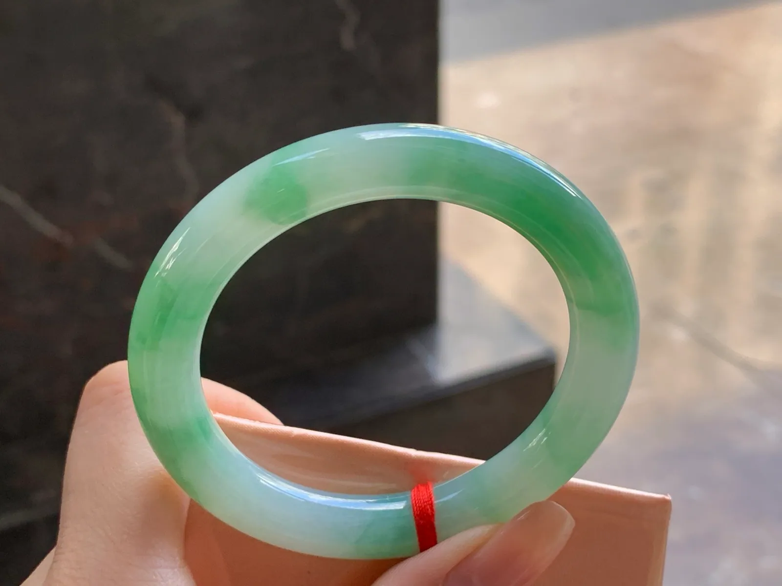 Natural Type A Jadeite Round Bangle, Green Floral, 52.3mm (4)