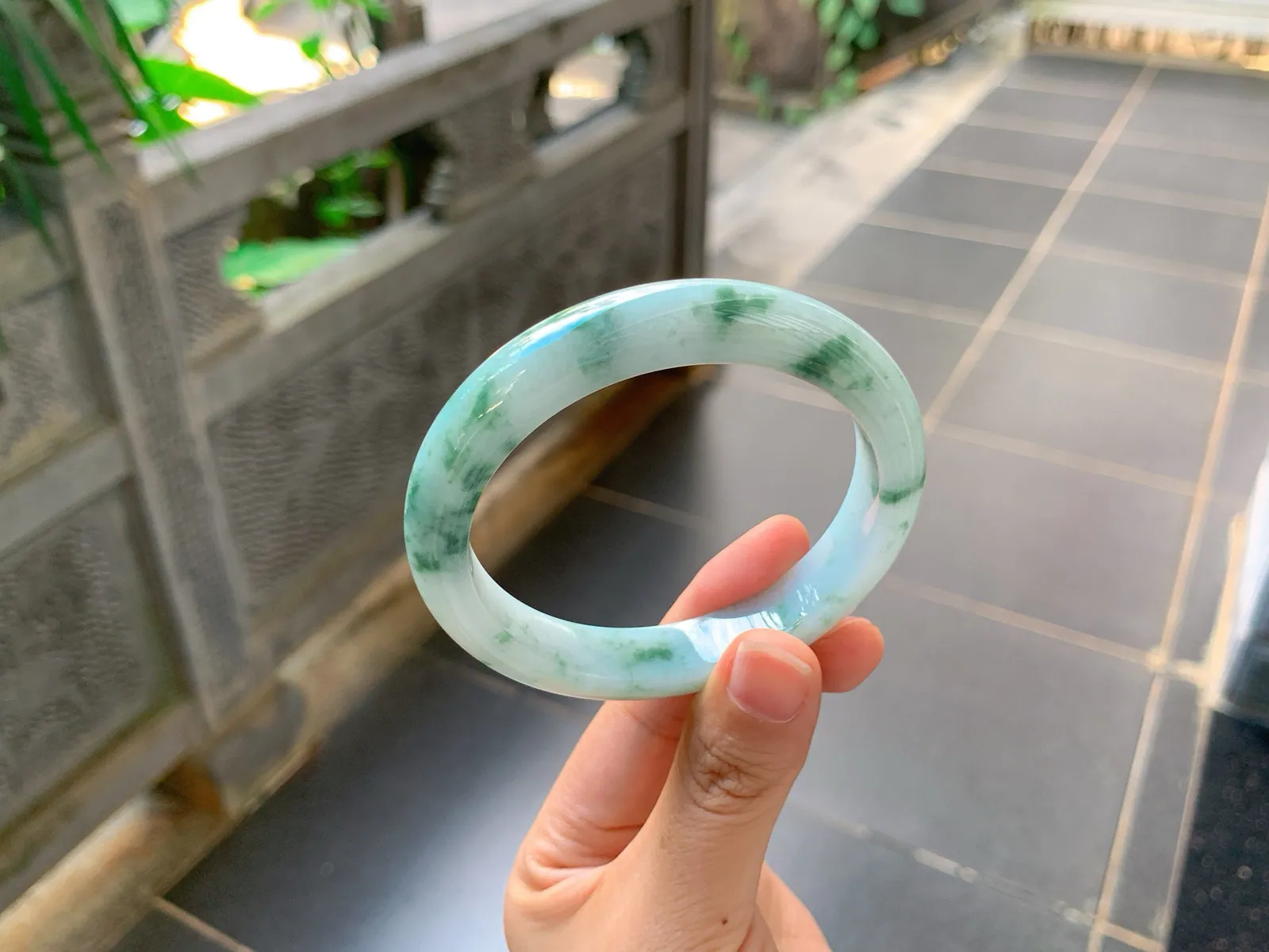 Type A Jadeite Ping'an Bangle, Ink-Wash Flower, 58mm (3)