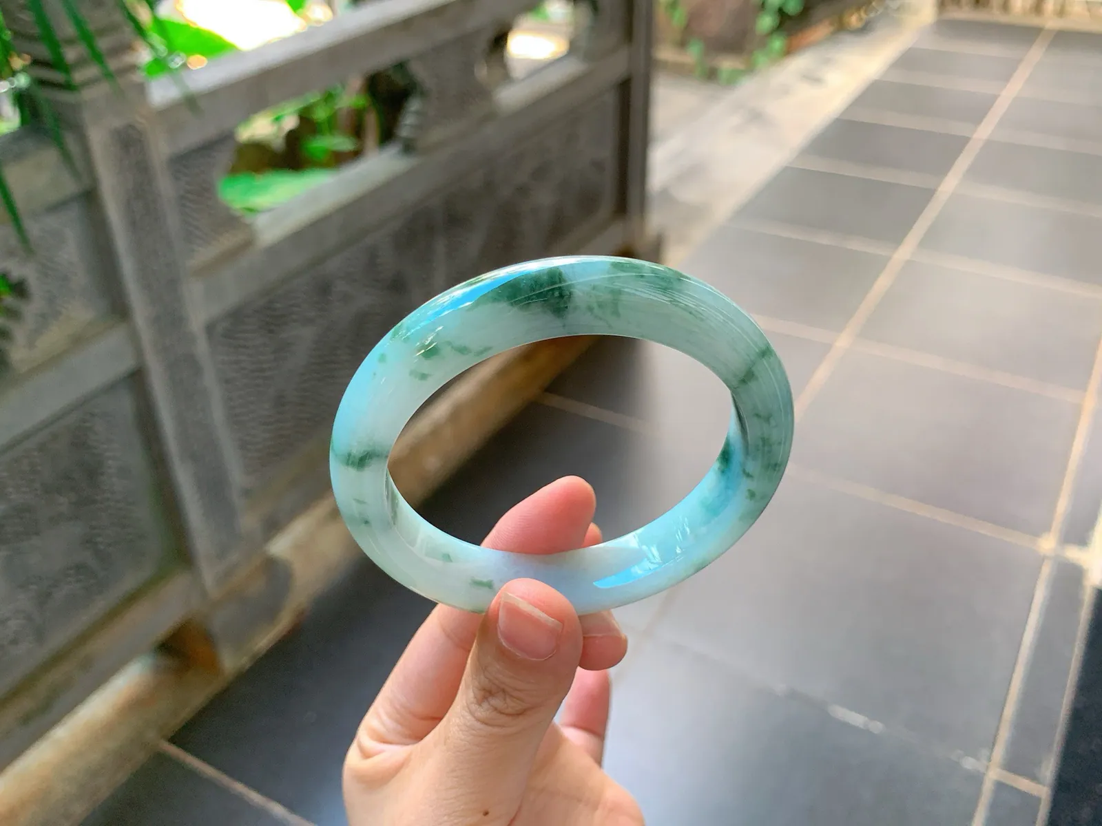 Type A Jadeite Bangle, Icy-Glutinous Blue-Green Flower, 59mm (3)