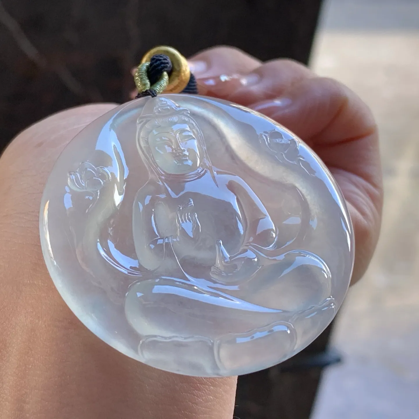 Type A Jadeite Guanyin Pendant, Icy Clear Round Plaque, 52mm (4)
