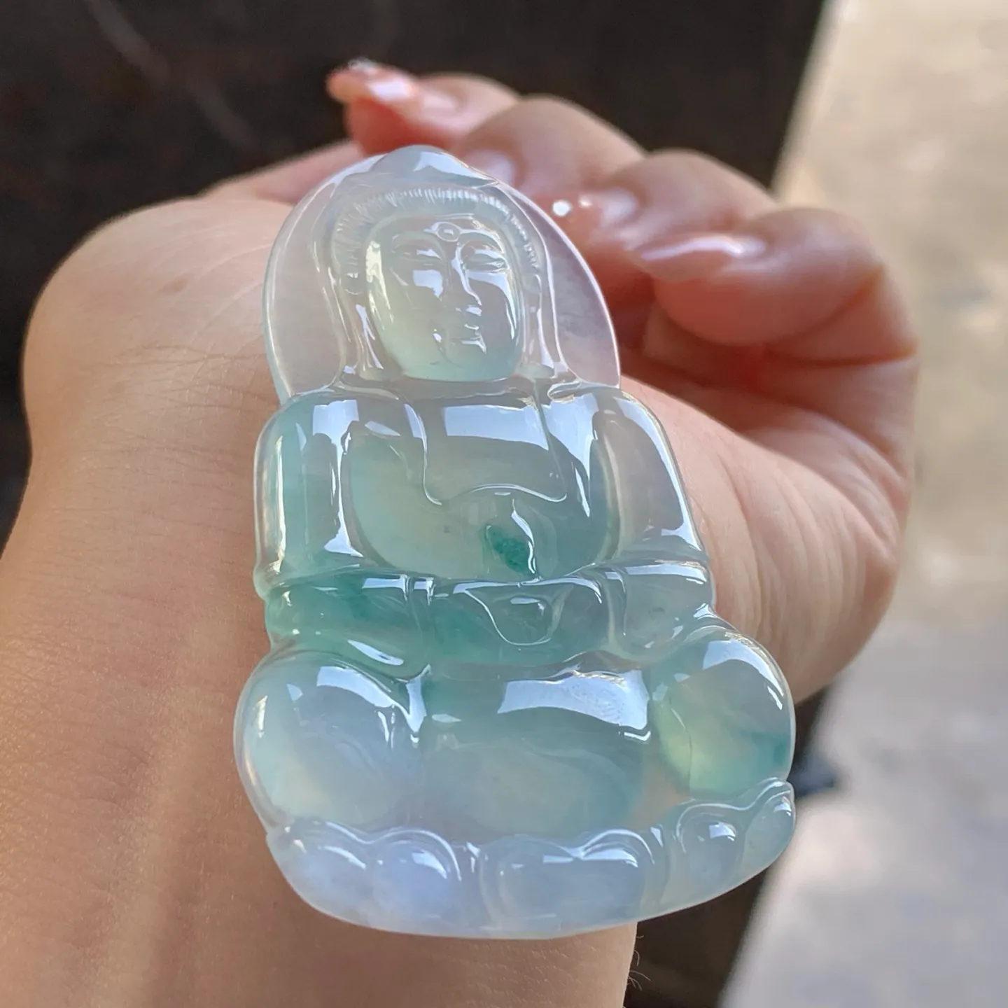 Type A Jadeite Guanyin Pendant, Icy Blue-Green, Lotus, 61mm (3)