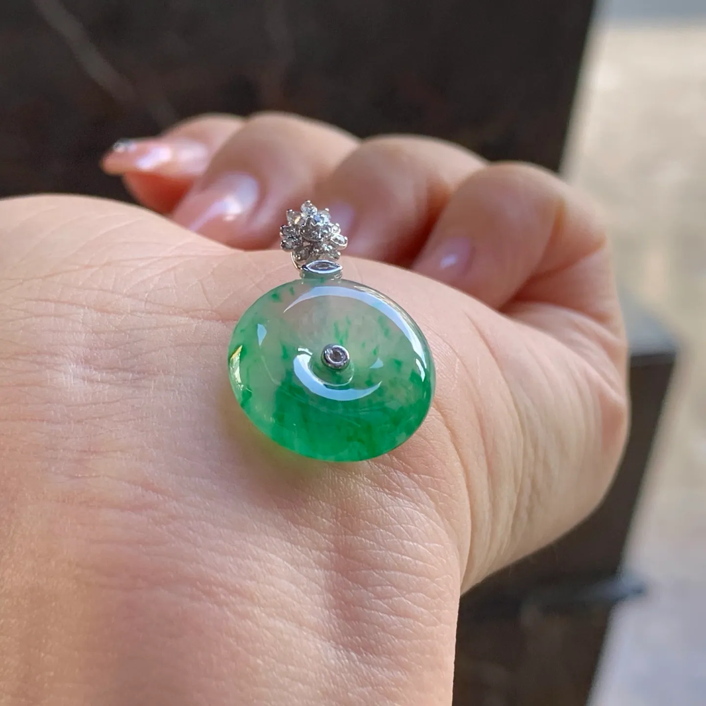 Khấu bình an cẩm thạch type A băng hoa xanh, 17mm (4)