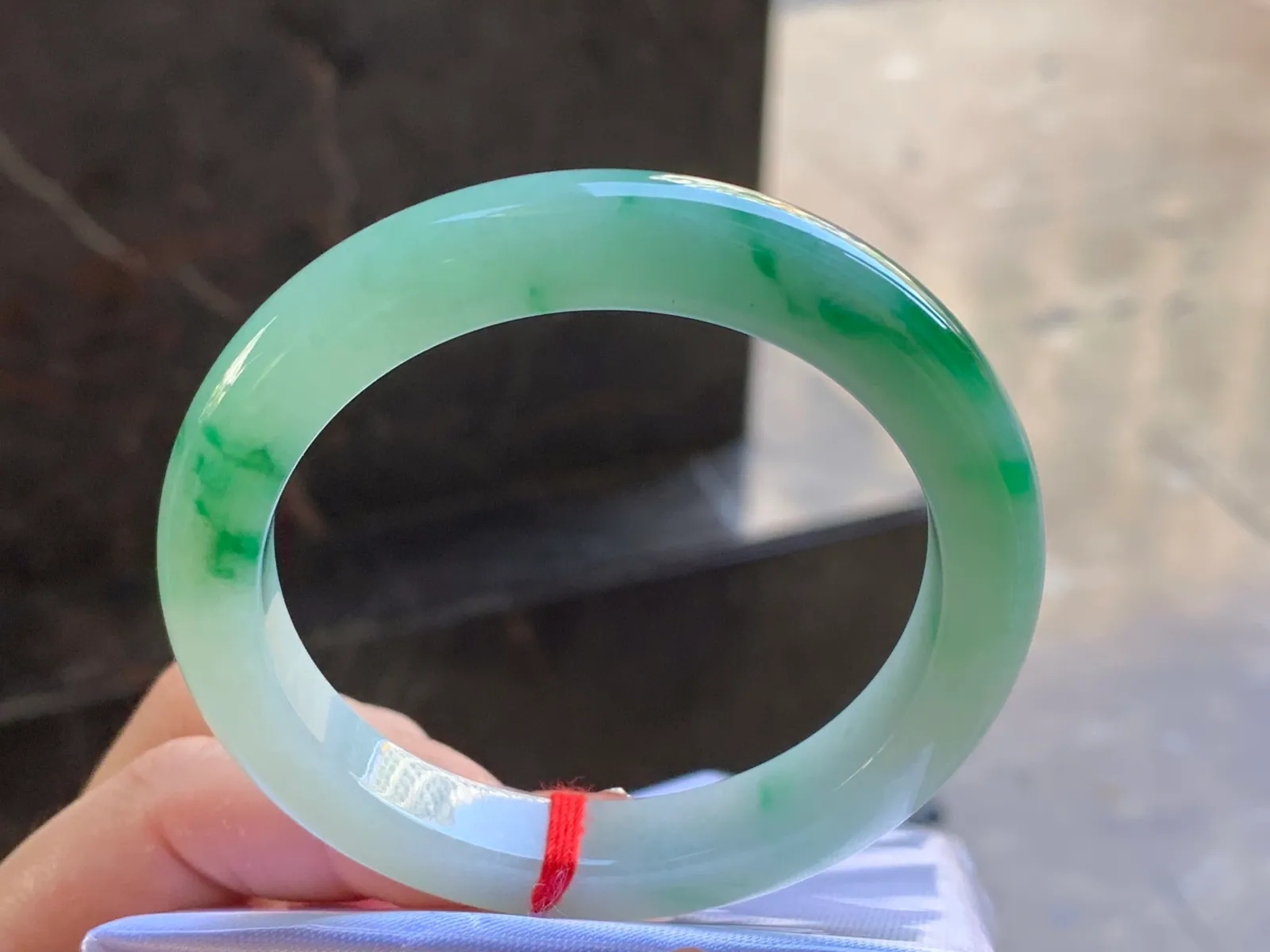 Type A Jadeite Flat Bangle, Icy-Glutinous Green Flower, 54mm (4)
