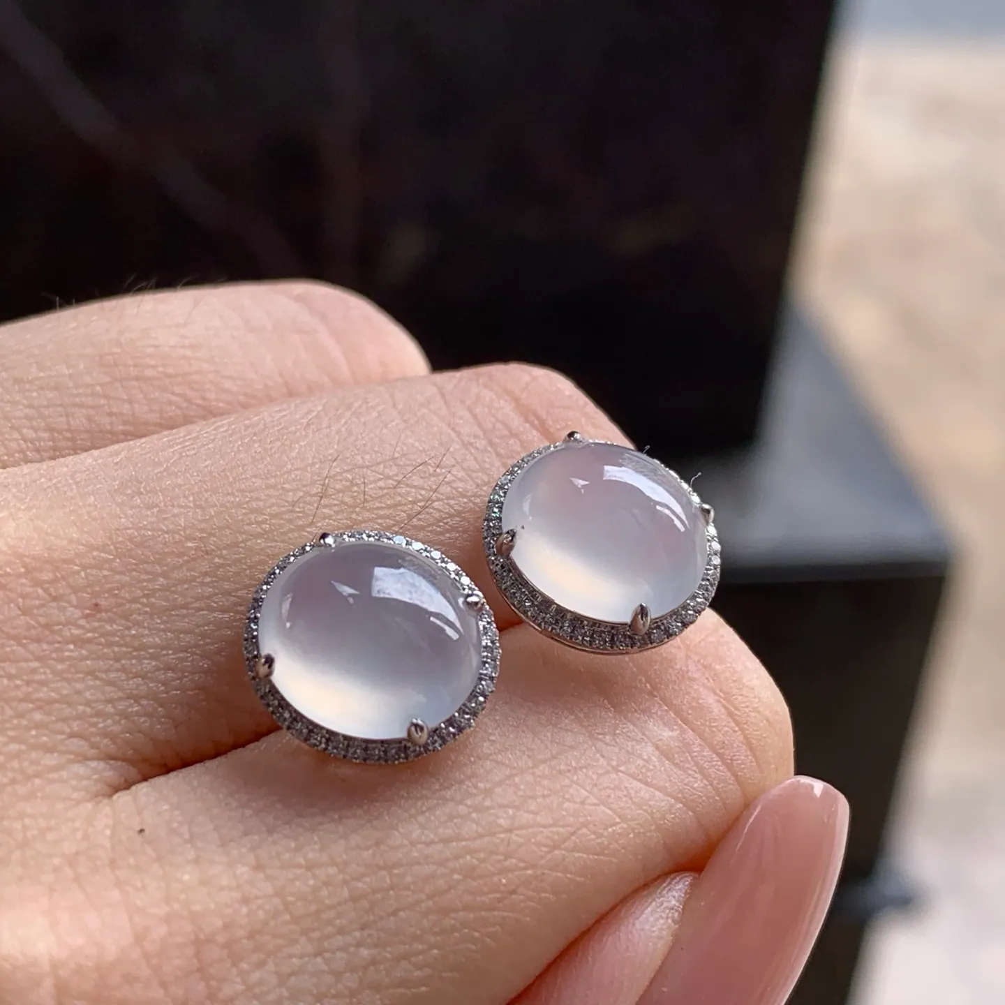 Type A Jadeite Stud Earrings, Icy Clear Cabochon, Gold Set