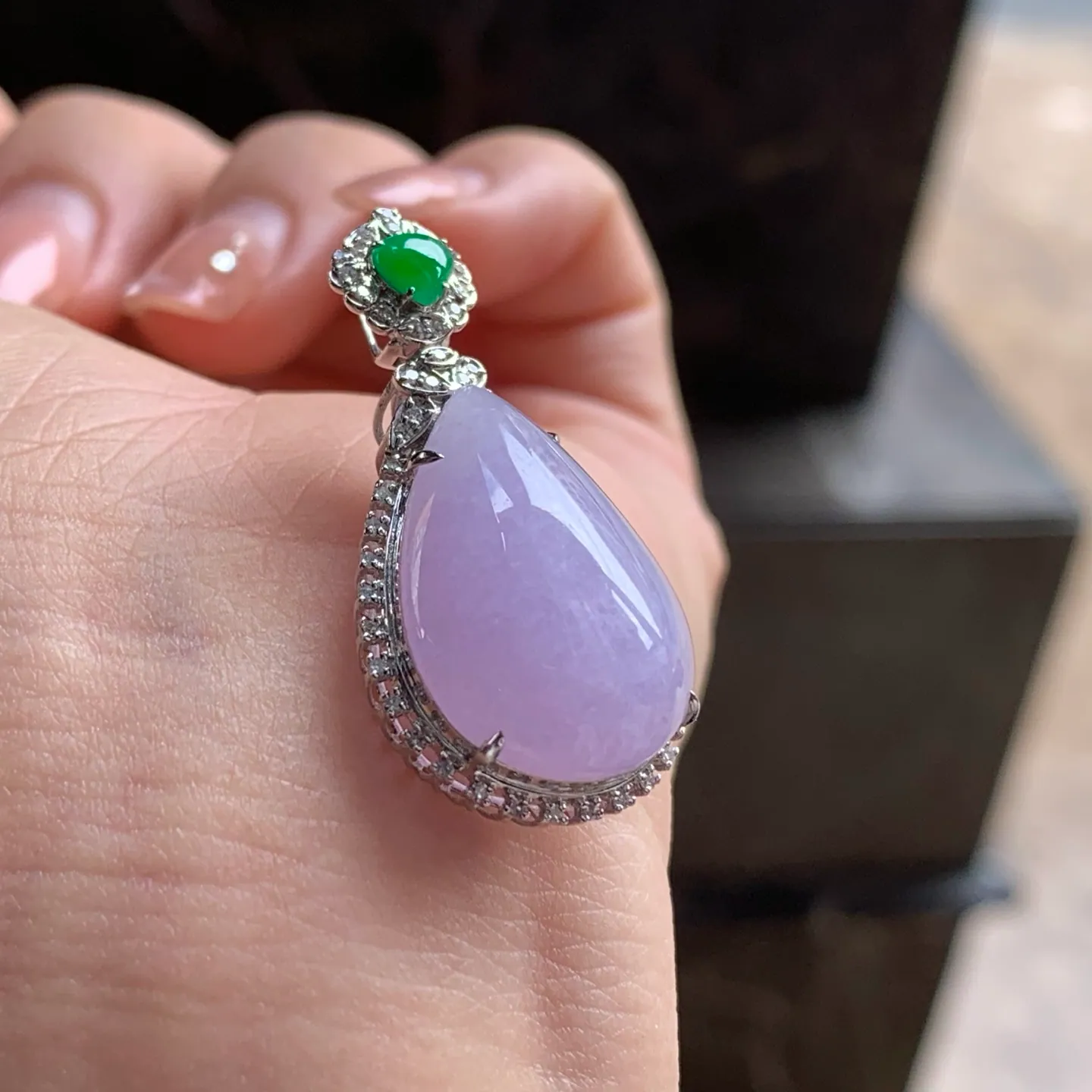 Type A Jadeite Teardrop Pendant, Lavender, Gold Set (5)
