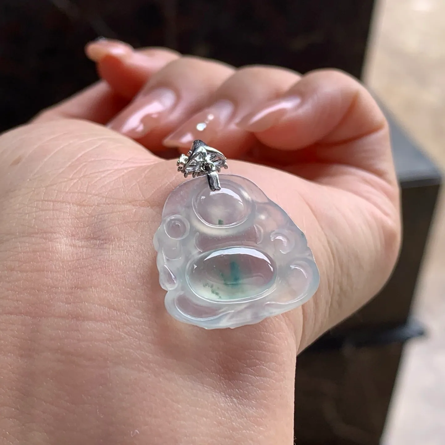 Type A Jadeite Buddha Pendant, Icy Blue Flower, 18K Bail (6)