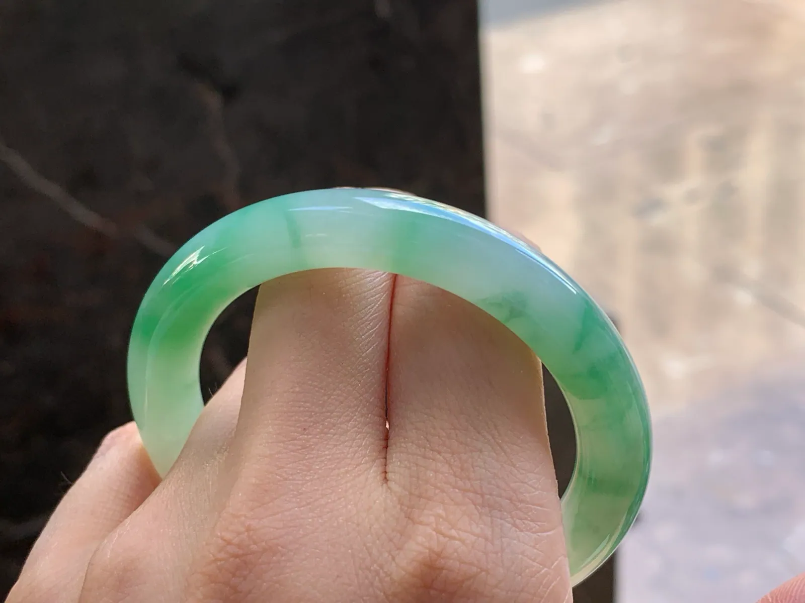 Natural Type A Jadeite Round Bangle, Green Floral, 52.3mm (8)
