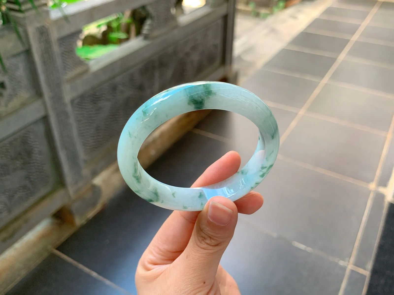 Type A Jadeite Ping'an Bangle, Blue with Green Flower, 56mm (5)