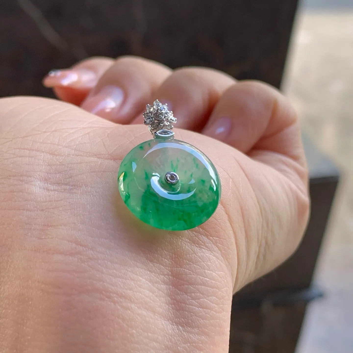 Khấu bình an cẩm thạch type A băng hoa xanh, 17mm (3)