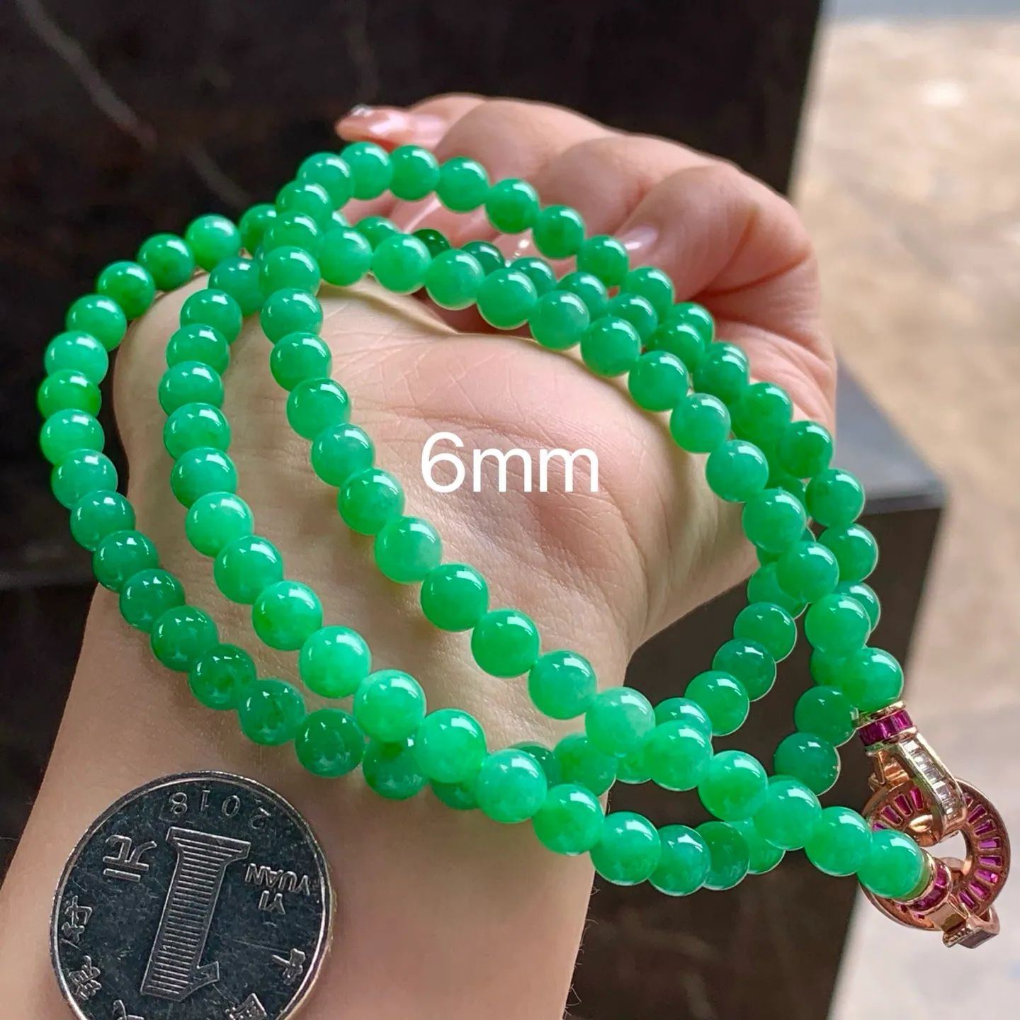 Type A Jadeite Bead Strand, Full Vivid Green, 6mm