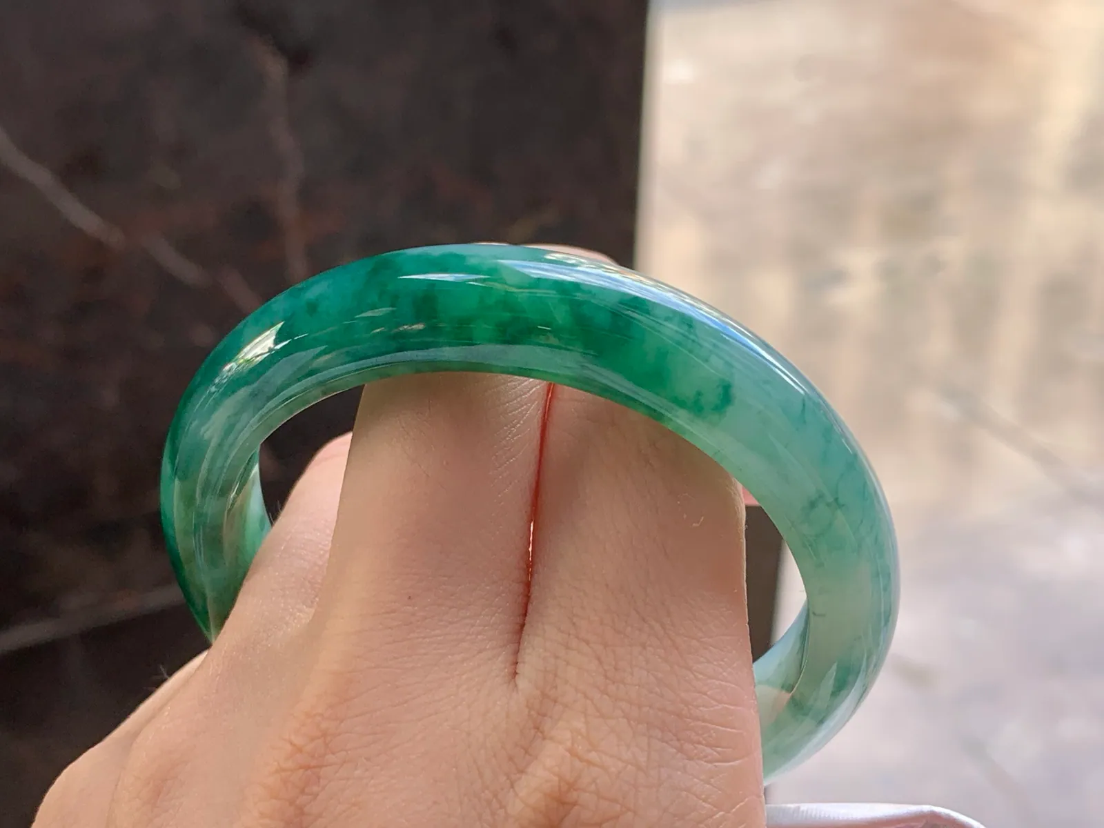 Type A Jadeite Flat Bangle, Deep Green Flower, 56.4mm (9)