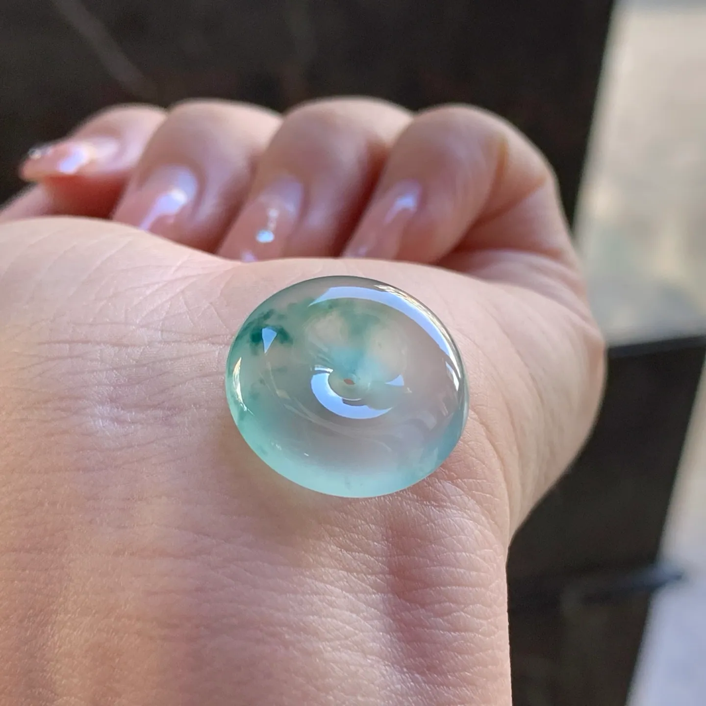 Type A Jadeite Safety Coin Pendant, Icy Blue Flower, 19.8mm (6)