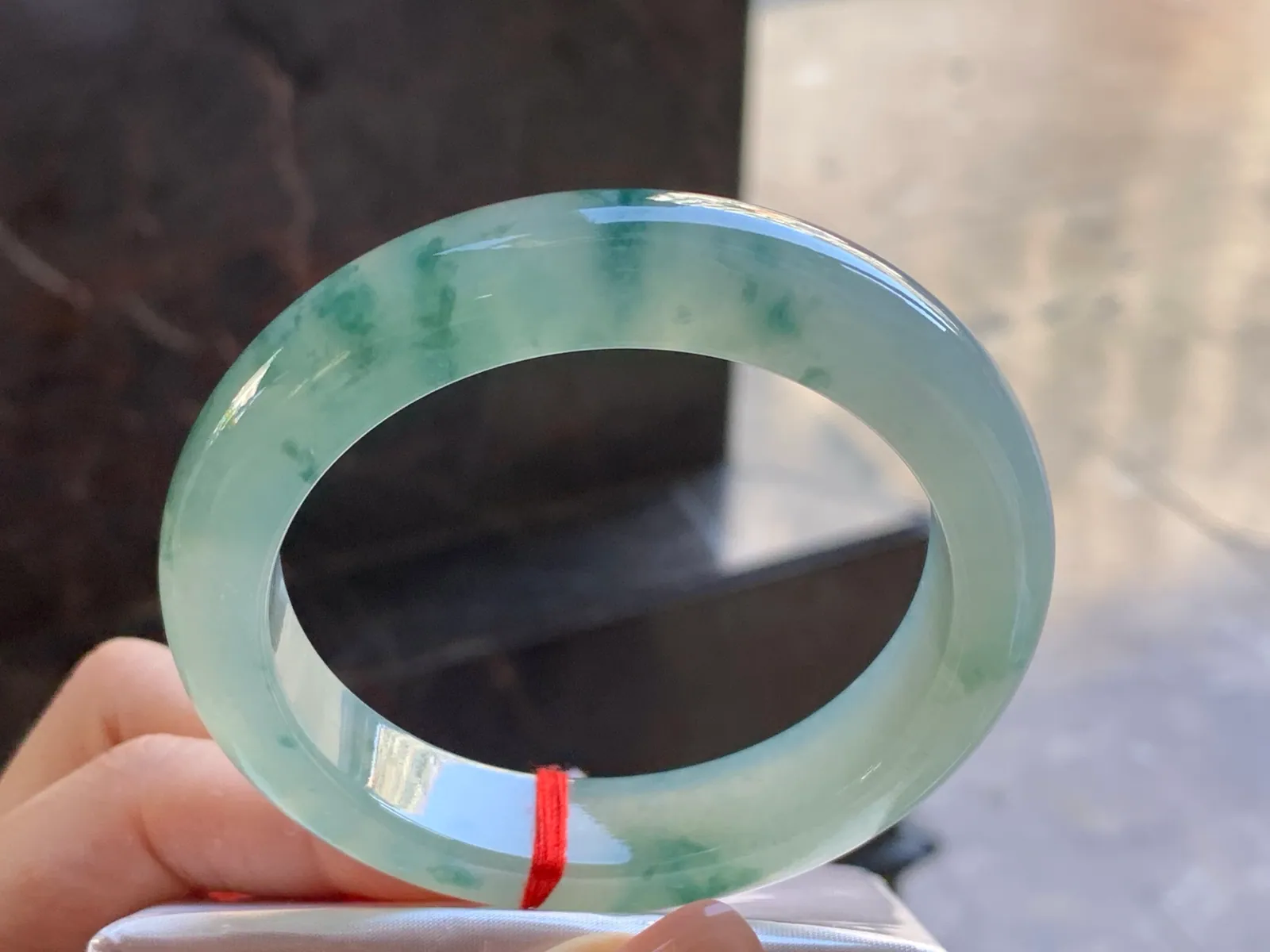 Type A Jadeite Flat Bangle, Icy Blue-Green Flower, 57.3mm (4)