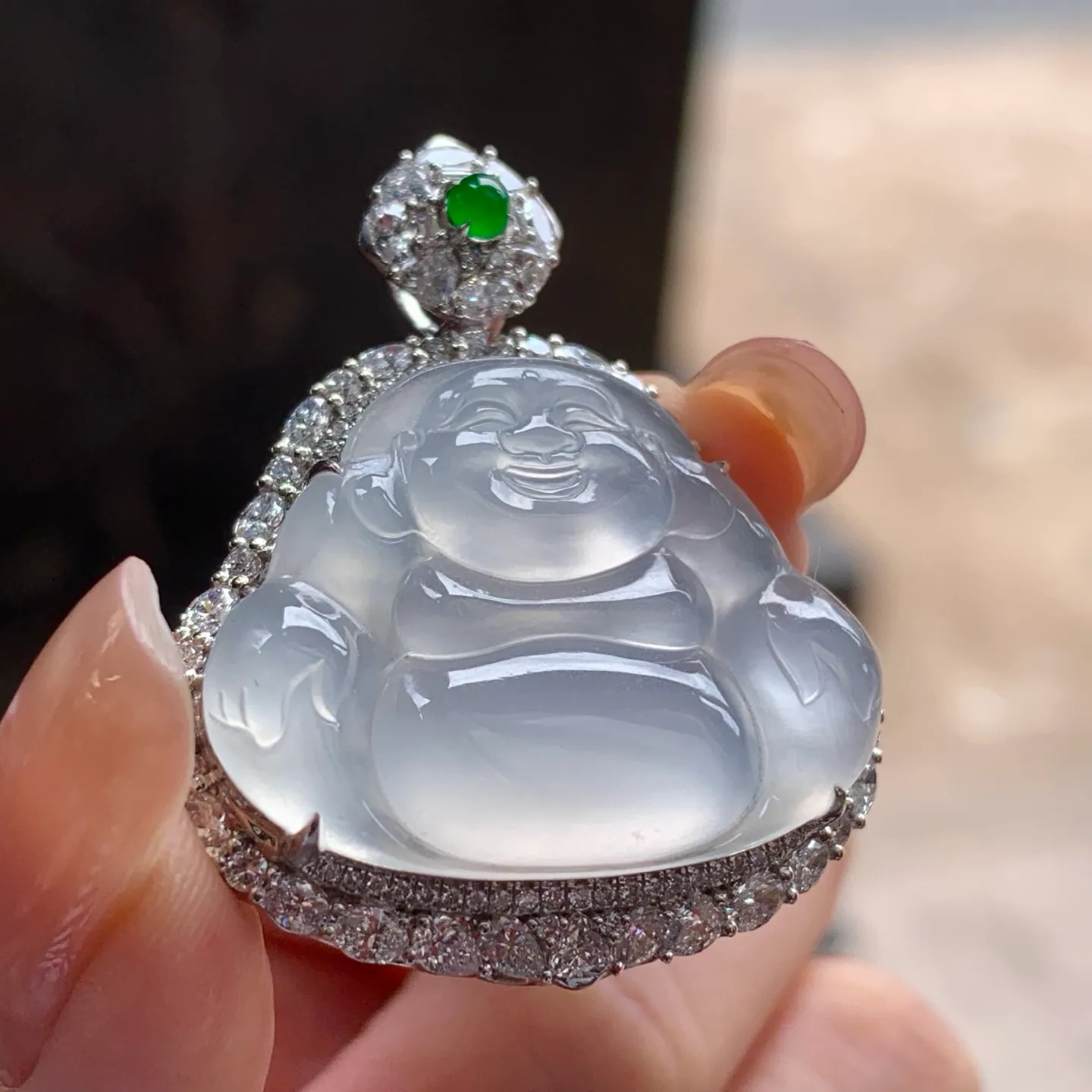 Type A Jadeite Laughing Buddha Pendant, Colorless, 18K Gold