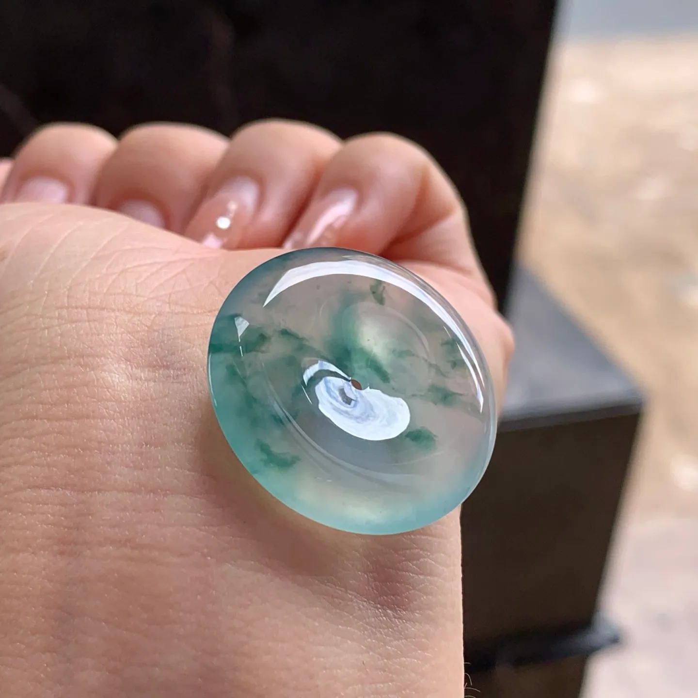Type A Jadeite Donut Pendant, Icy Green Flower, 28.4mm (5)