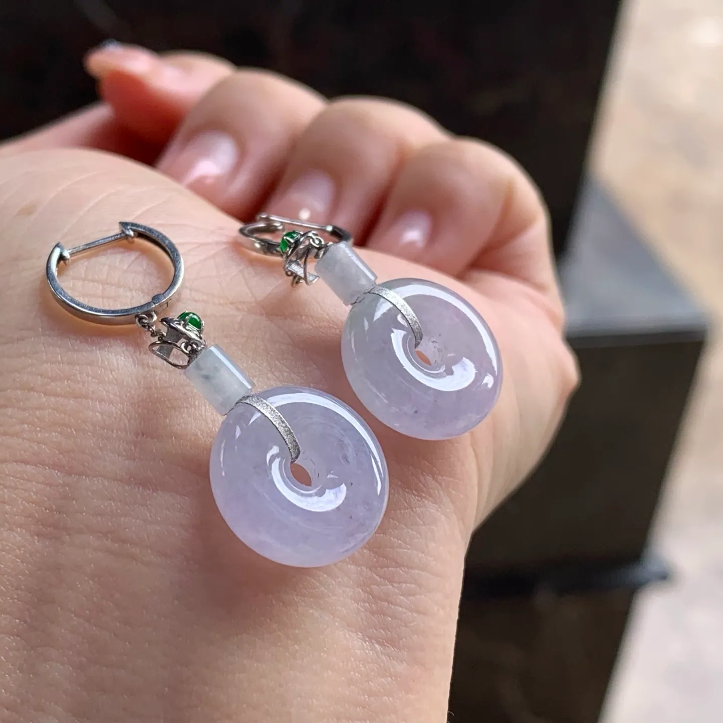 Type A Jadeite Safety Coin Drop Earrings, Pale Lavender (5)