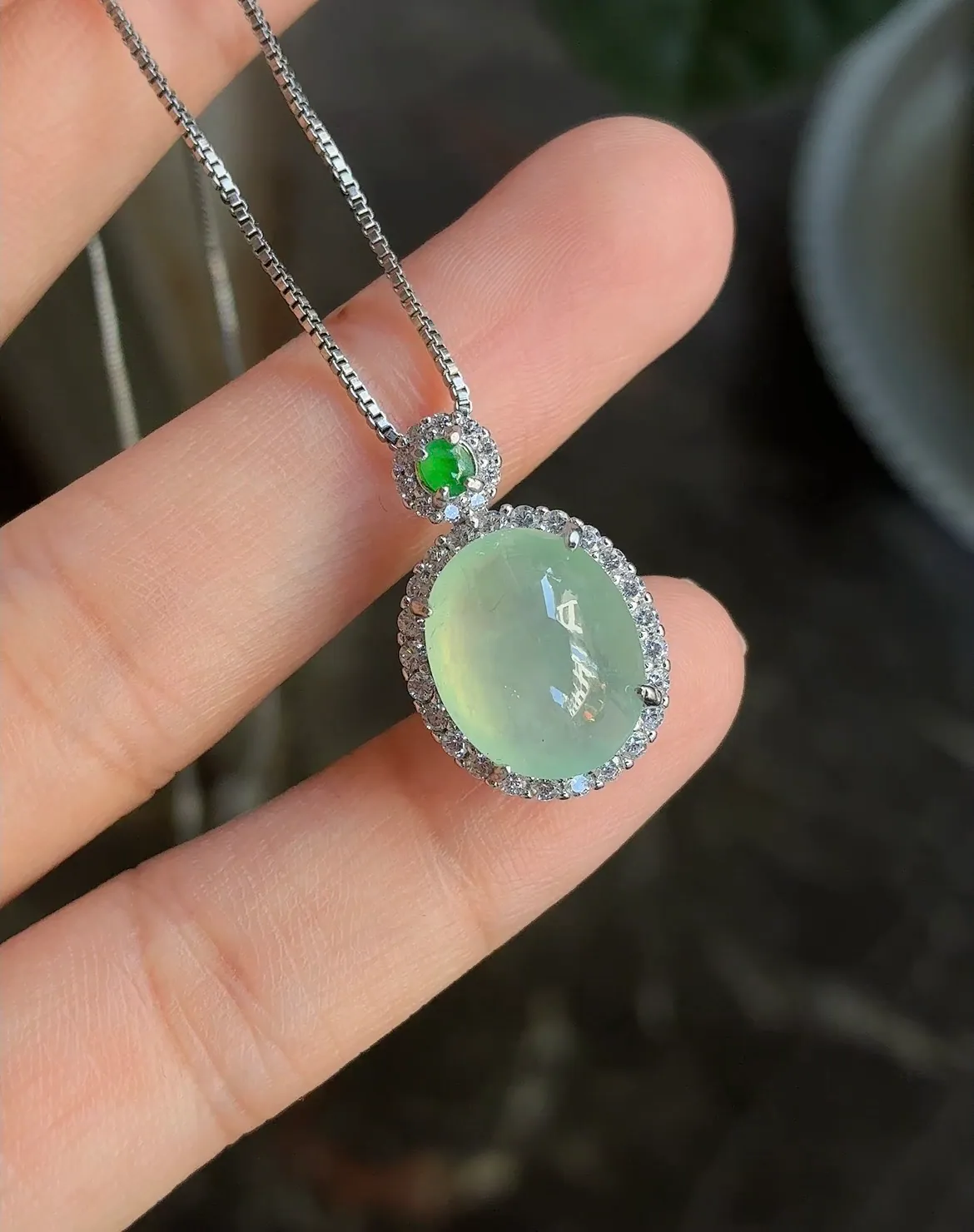 Type A Jadeite Cabochon Pendant, Icy Light Green, 925 Silver (4)