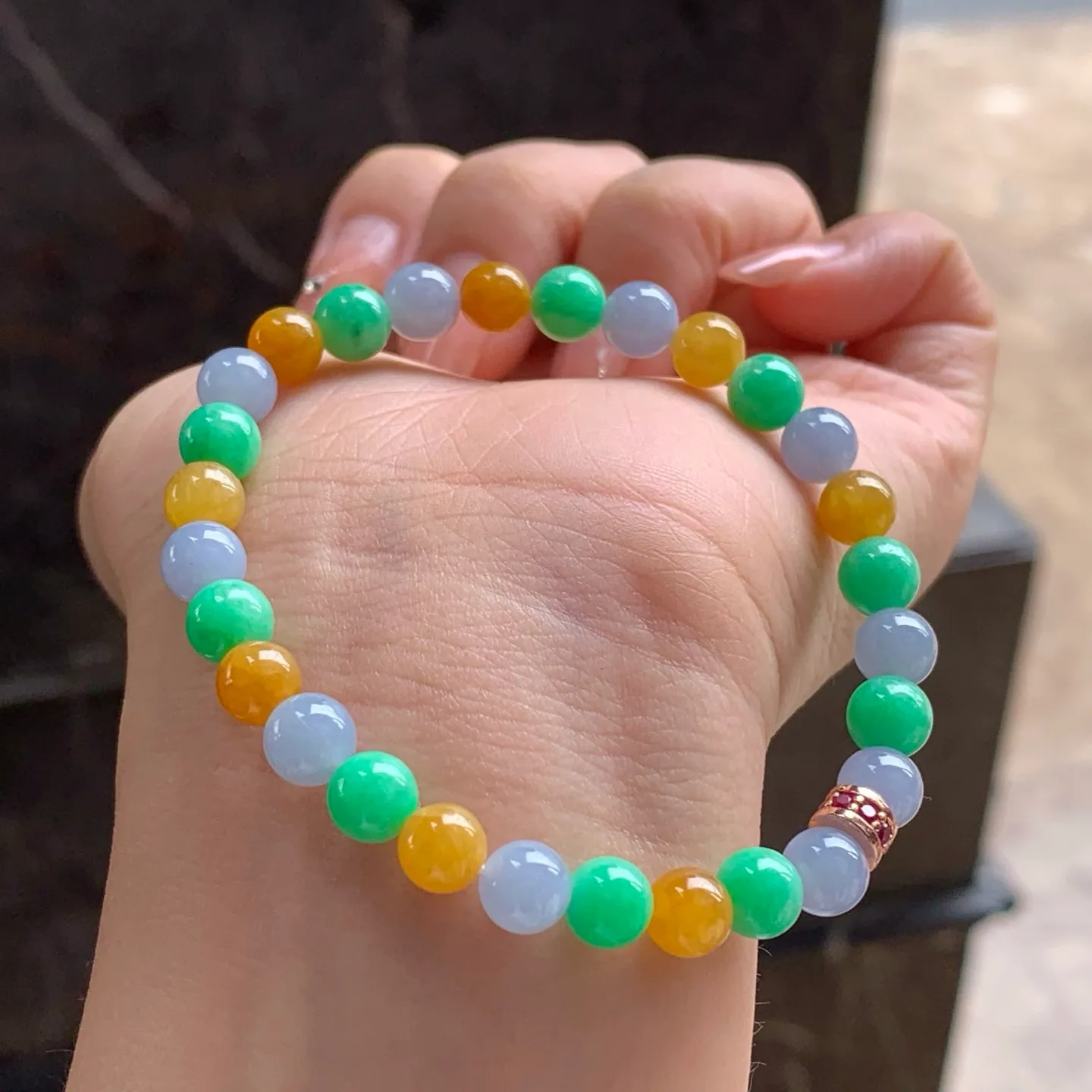 Type A Jadeite Bead Bracelet, Fu Lu Shou 3 Colors, 6.5mm (4)
