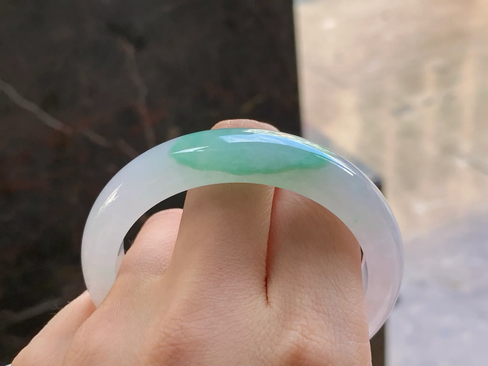 Type A Jadeite Flat Bangle, White & Green, 52.5mm (8)