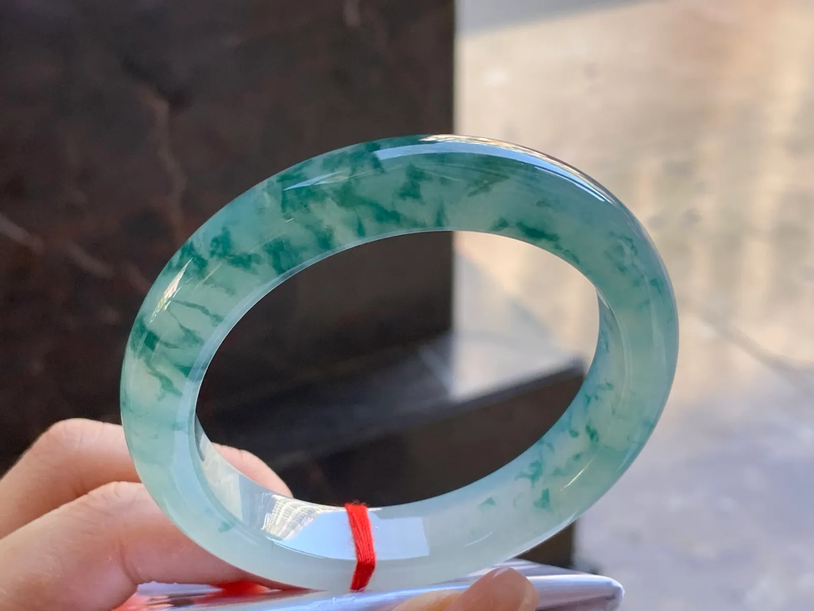 Type A Jadeite Flat Bangle, Icy Dense Blue Flower, 56.9mm (3)