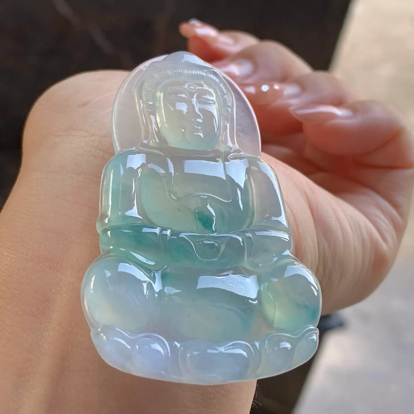 Type A Jadeite Guanyin Pendant, Icy Blue-Green, Lotus, 61mm (4)