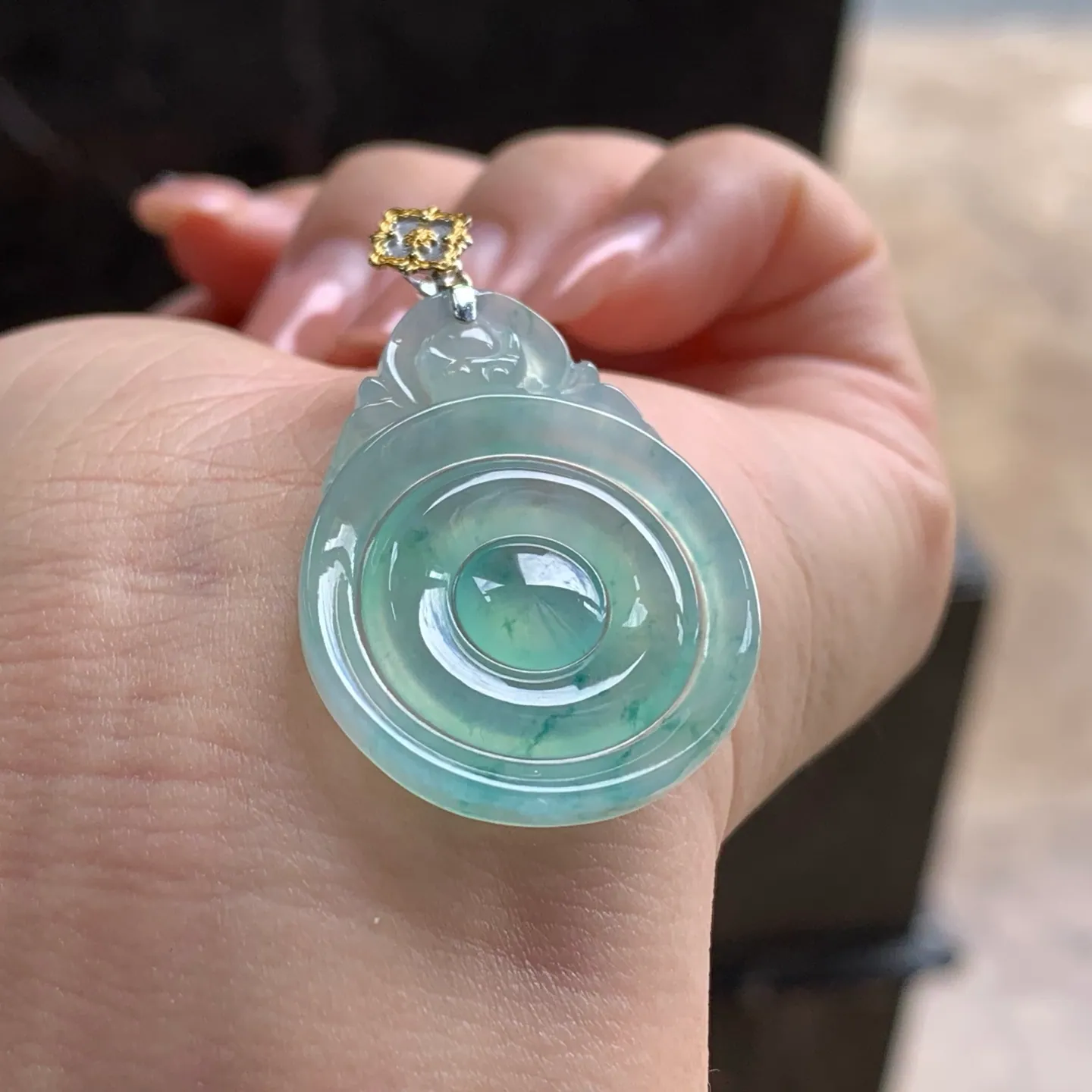 Type A Jadeite Fu Bei Pendant, Icy Blue Flower, Gold Bail (3)