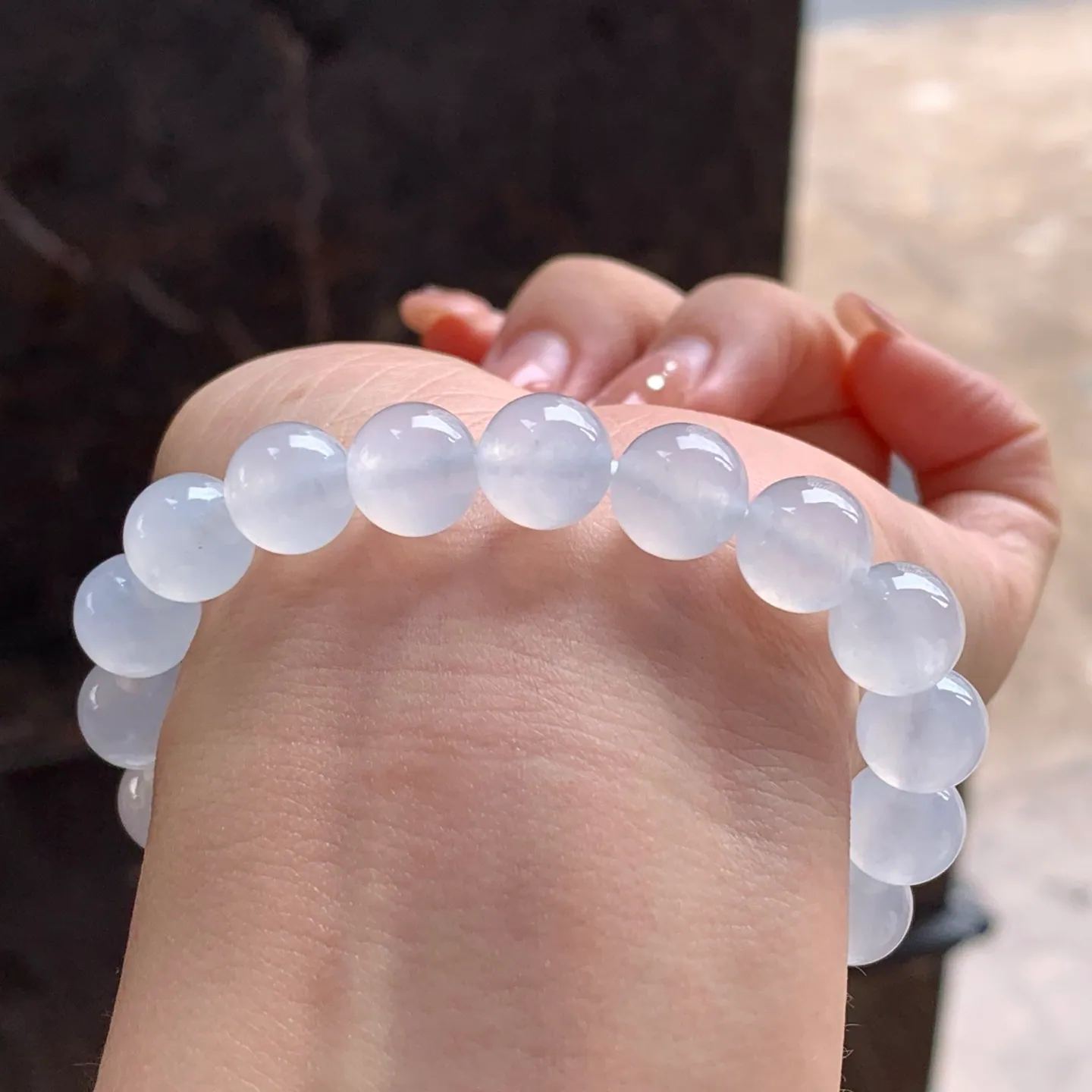Type A Jadeite Bead Bracelet, Icy White, 9.7mm (7)